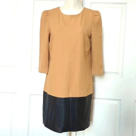 Zara Tan Fabric and Faux Black Leather Shift Dress - Picture 2 of 8